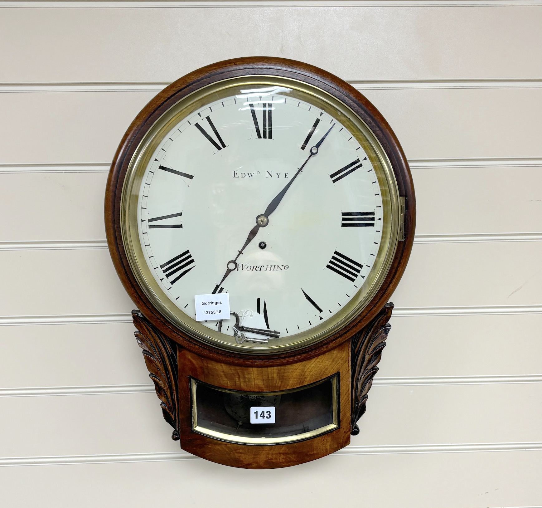 A Victorian mahogany fusee drop dial wall timepiece, marked Edward Nye, Worthing, width 36cm, height 50cm